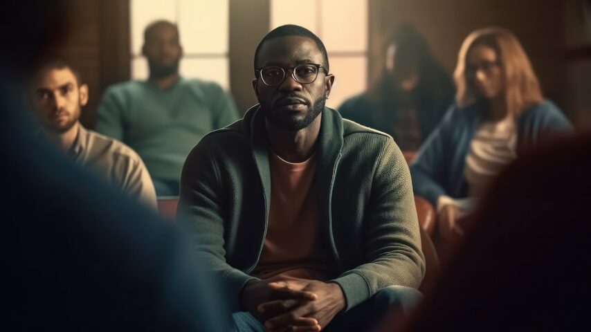 Depressed black man at support group meeting for mental health and addiction issues in Arkansas drug rehab
