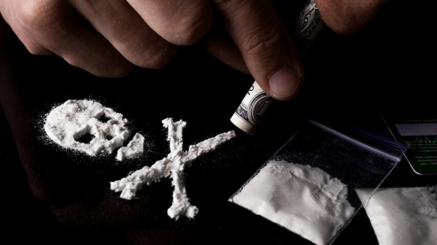 Junkie man sniffing a line of cocaine in the shape of a skull through a dollar, sachets with a dose