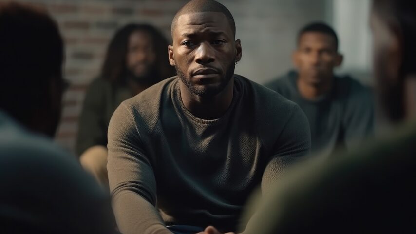 Sad depressed black man at support group meeting for mental health and addiction issues in Vermont