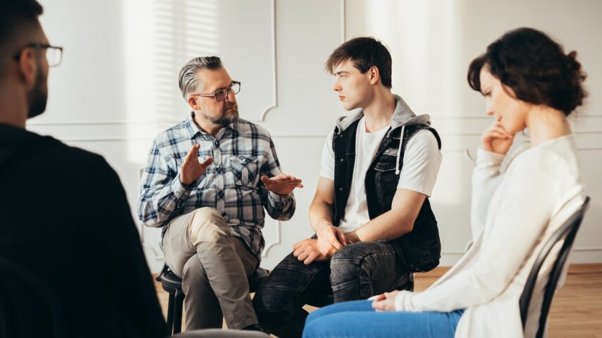 Psychologist talking about 12-step program to addicted man during group support meeting