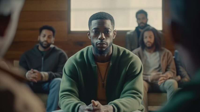 Sad depressed black man at support group meeting for mental health and addiction issues in Iowa drug rehab
