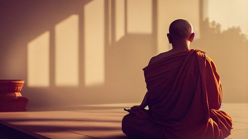 A Buddhist monk meditating in a temple asking for guidance